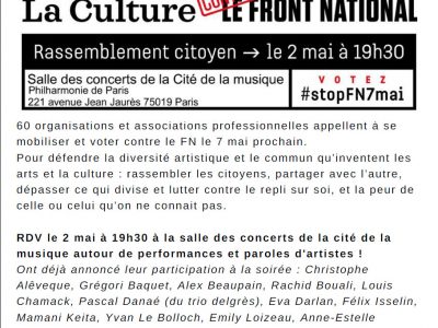 Rassemblement citoyen le 2 mai à 19h30 salle des concerts de la cite dé la musique