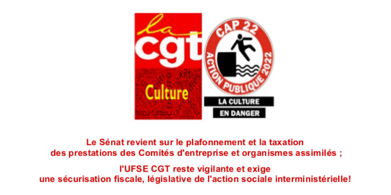 Le Sénat revient sur le plafonnement et la taxation des prestations des Comités d’entreprise et organismes assimilés ; l’UFSE CGT reste vigilante et exige une sécurisation fiscale, législative de l’action sociale interministérielle!