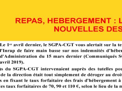 INRAP – OCTOBRE 2019 – REPAS, HEBERGEMENT : LES DERNIERES NOUVELLES DES FRAIS DE DEP’