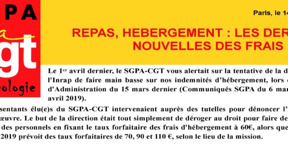 INRAP – OCTOBRE 2019 – REPAS, HEBERGEMENT : LES DERNIERES NOUVELLES DES FRAIS DE DEP’