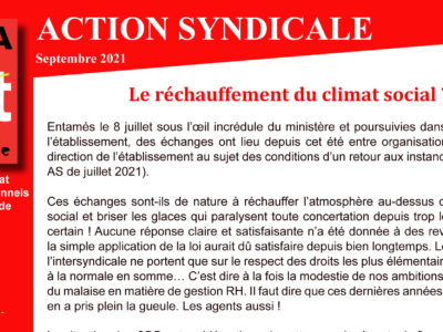 Action Syndicale – Septembre 2021 – Le réchauffement du climat social ?