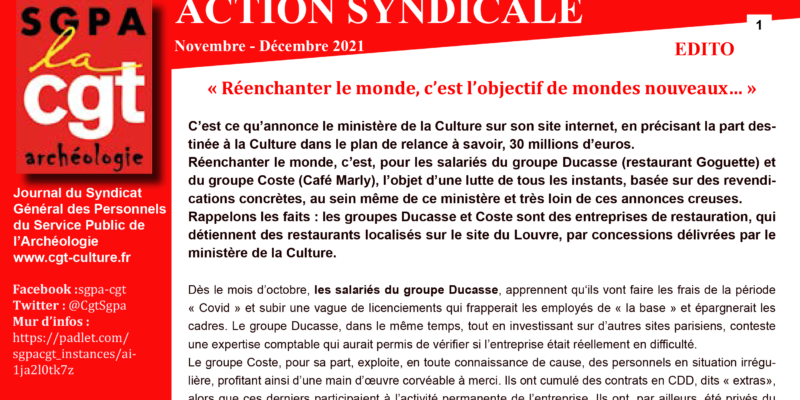 SGPA-CGT Culture – Action Syndicale novembre – décembre 2021