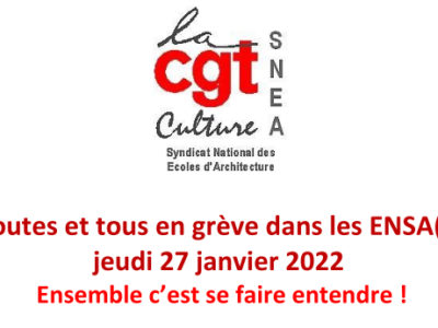 Toutes et tous en grève dans les ENSA(P) jeudi 27 janvier 2022