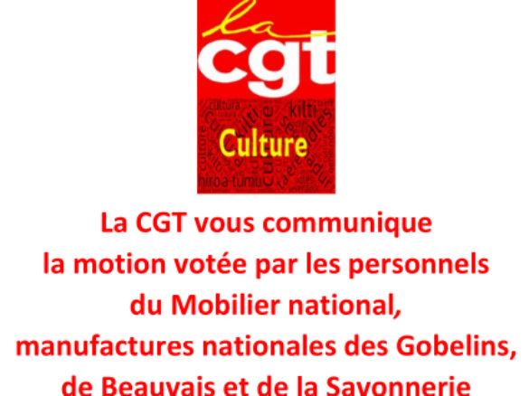 Motion de l’assemblée générale du Mobilier national, manufactures nationales des Gobelins, de Beauvais et de la Savonnerie, le 21 mars 2023