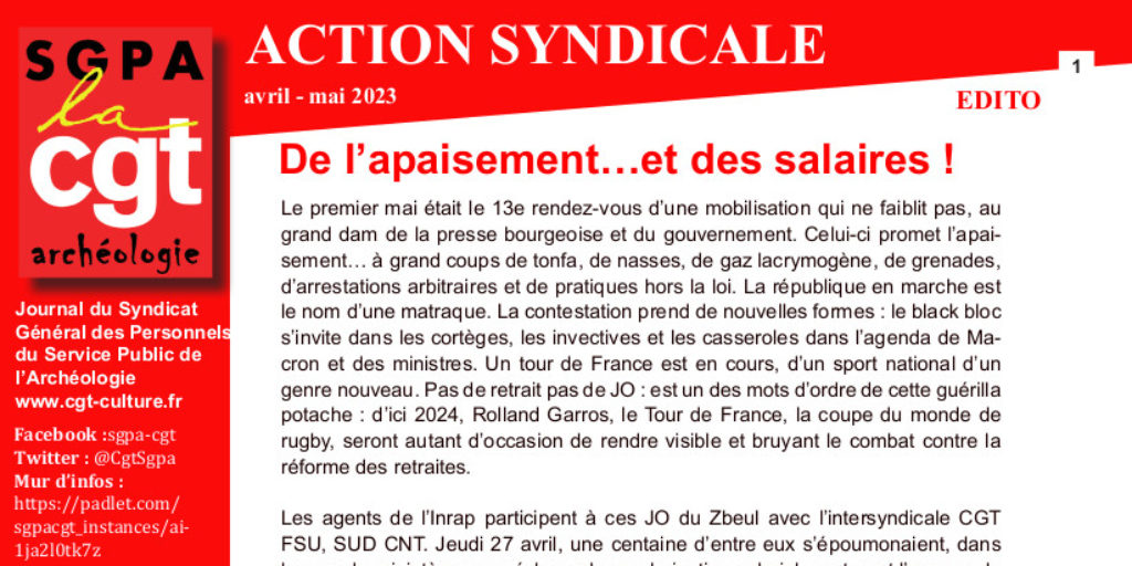 Archéologie – Action Syndicale avril-mai 2023 – De l’apaisement…et des salaires